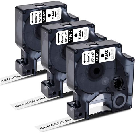 3 Pack Compatible Dymo D1 45010 12mm X 7m Black On Clear 12inch Label