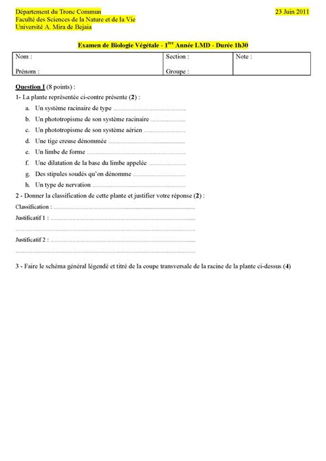 Sujet dexamen de biologie végétale avec correction Béjaia 2011 Be