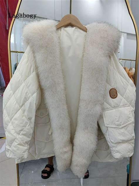 Lagabogy 2024 Winter Women Large Real Fox Fur Collar 90 White Duck Down