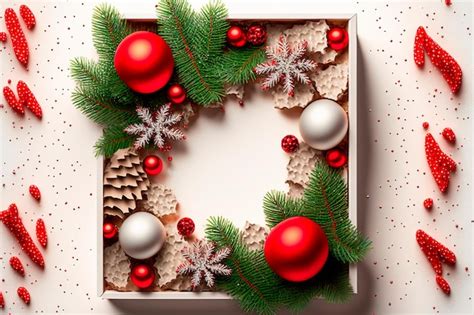 Premium Photo Christmas Frame Made Of Fir Branches Red Berries