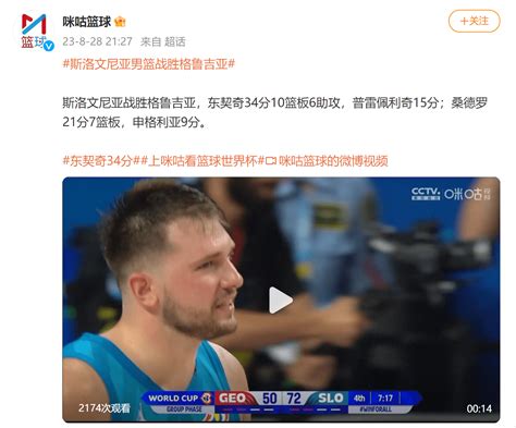 男篮世界杯斯洛文尼亚战胜格鲁吉亚，东契奇34分10篮板6助攻篮球格利亚桑德罗