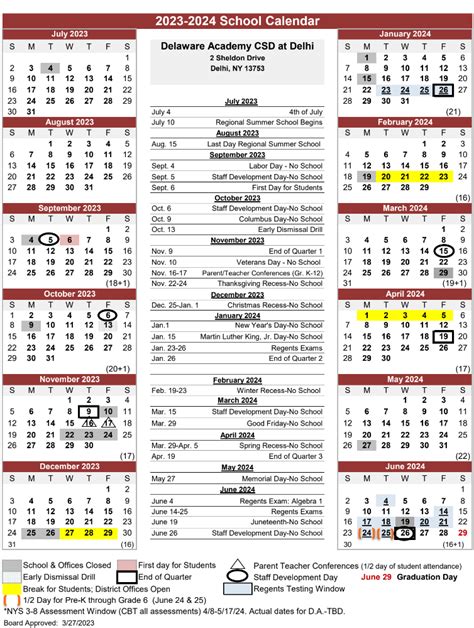 Academic Calendar | Delaware Academy CSD at Delhi