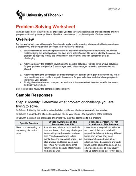 Psy110 V6 Wk4 Problem Solving Worksheet 1 2 Complete PSY 110 V