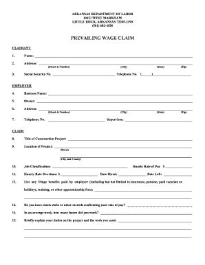 Fillable Online Labor Ar Prevailing Wage Claim Form Arkansas