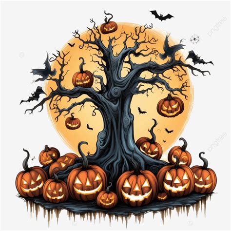 Feliz Ilustración De Halloween Con Calabazas PNG árbol Seco Y