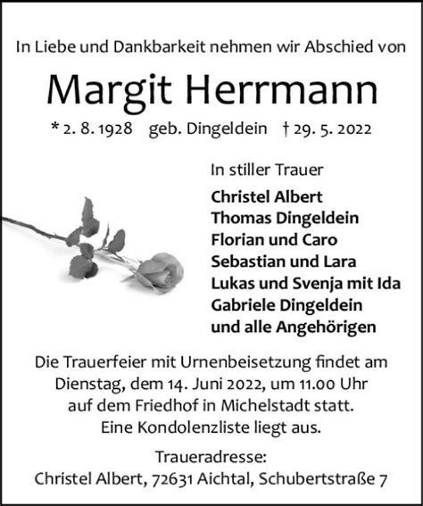 Traueranzeigen Von Margit Herrmann Vrm Trauer De