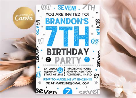 7th Birthday Invitation 7th Invitation Editable Boy 7th Birthday