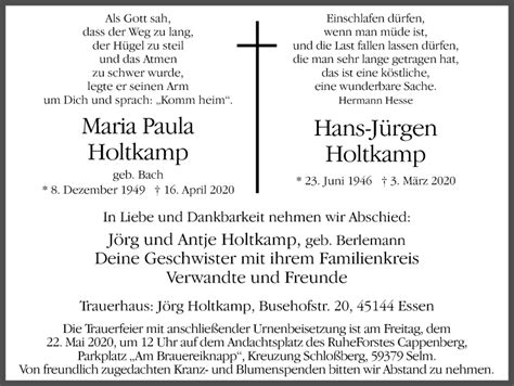 Traueranzeigen von Maria Paula und Hans Jürgen Holtkamp sich erinnern de