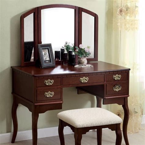 Solid Wood Vanity Table With Three Sided Mirror And Fabric Padded Stool