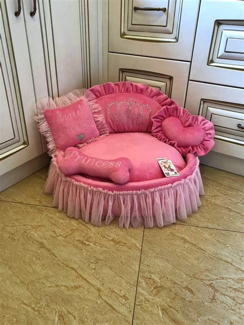 Pink princess dog bed with crown sparkles Luxury personalized | Etsy