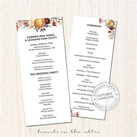 Editable Fall Wedding Program Template Autumn Flowers Fall Etsy