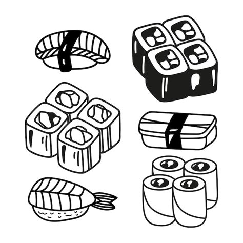 Premium Vector Japanese Sushi Roll Set In Hand Drawn Doodle Style