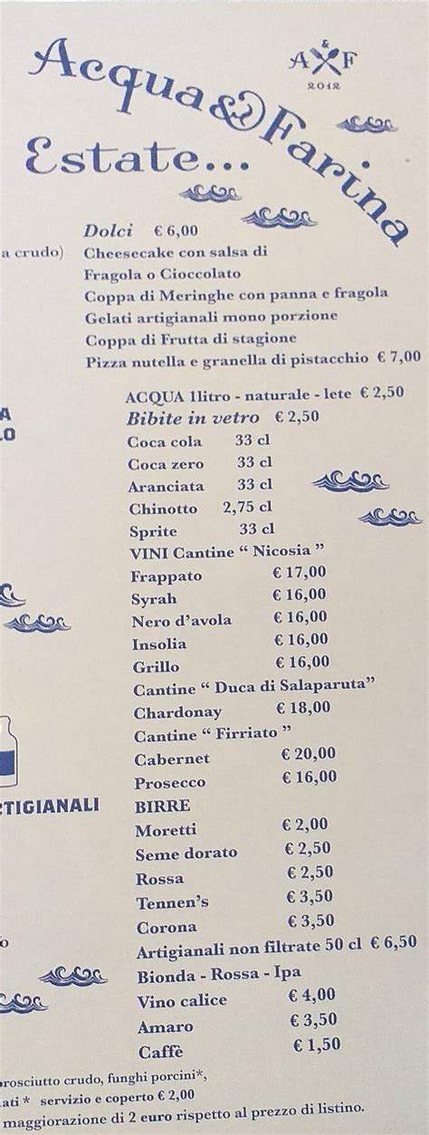 Menu Da Acqua Farina Estate Ristorante Italia