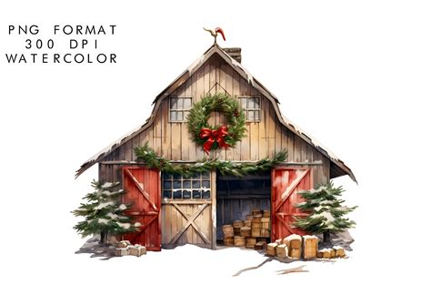 Watercolor Christmas Farm Barn Clipart Graphic by WatercolorByKr · Creative Fabrica