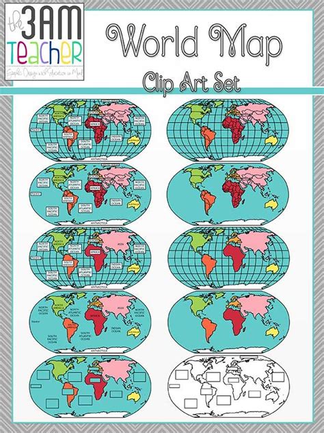 World Maps Clip Art: Flat World Map Set!!! | Clip art, Flat world map, Map