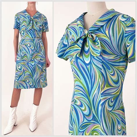 60s Psychedelic Swirl Print Dress Blue Green Abstract Op Art Psych Dress Large Etsy