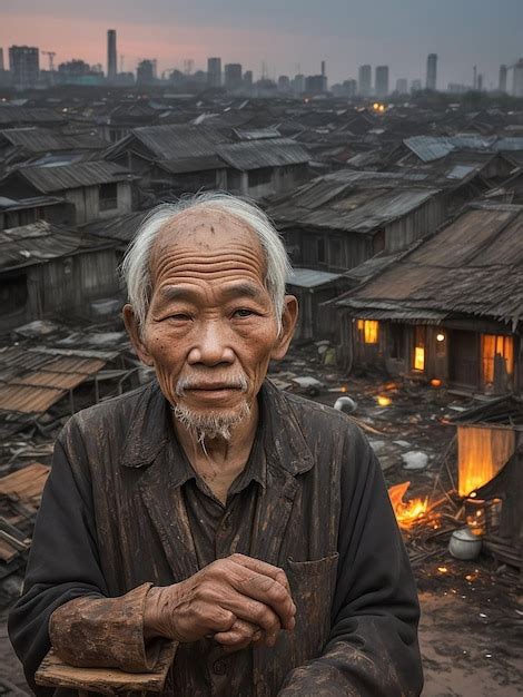 Retrato cativante de um velho vietnamita à luz do fogo em um ambiente