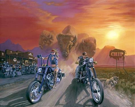 Two Men Riding Motorcycles On A Dirt Road With An Image Of Bison In The