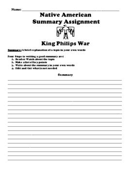 King Philips War Summary Assignment By BAC Education TPT