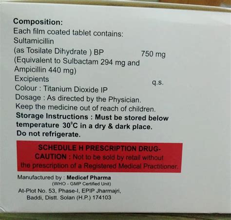 Sulbacin Ampicillin Sulbactam, 750MG at best price in Chennai | ID ...