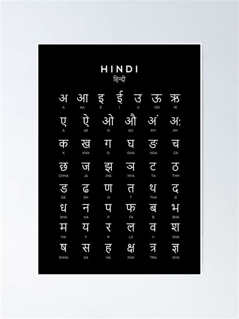 Hindi Alphabet Chart Hindi Varnamala Language Chart Black Poster