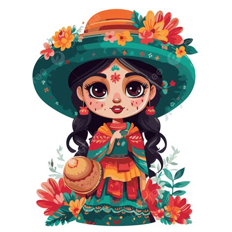 Mexican Doll Vector Sticker Clipart Mexican Girl In Floral Dress With