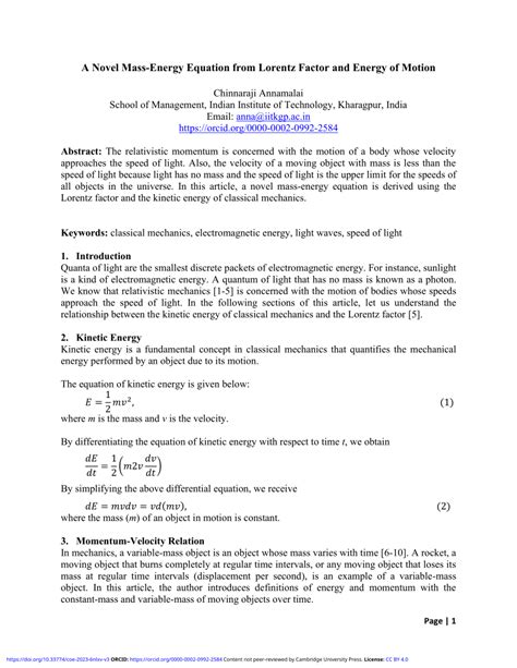 Pdf A Novel Mass Energy Equation From Lorentz Factor And Energy Of Motion