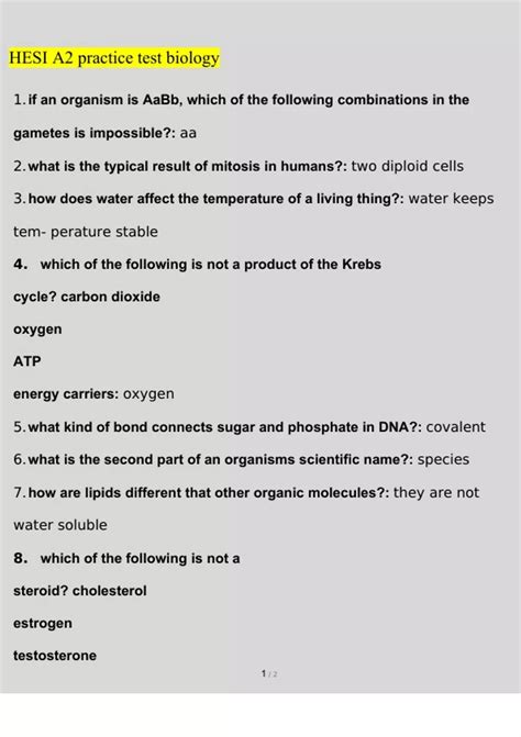 HESI A2 Practice Test Biology Questions And Answers Latest Verified