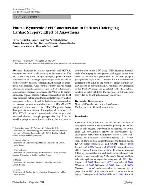 PDF Plasma Kynurenic Acid Concentration In Patients Undergoing