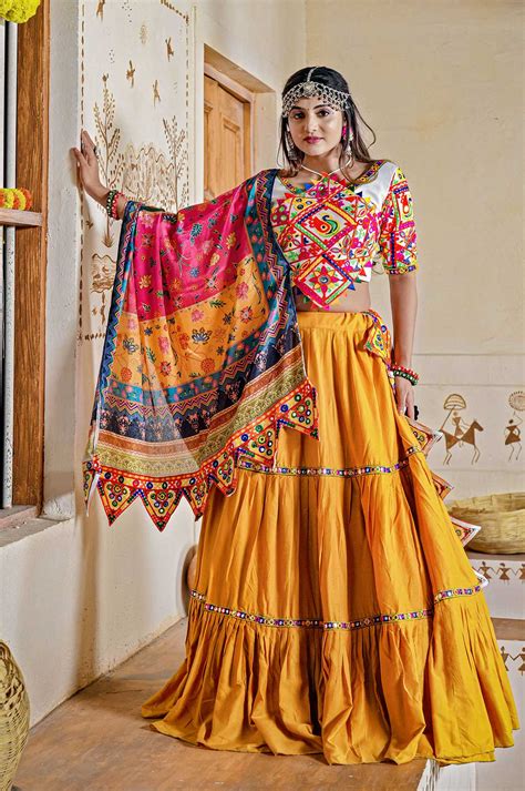 Yellow Three Tal Traditional Navratri Lahenga Choli Gujaratic Ghagra