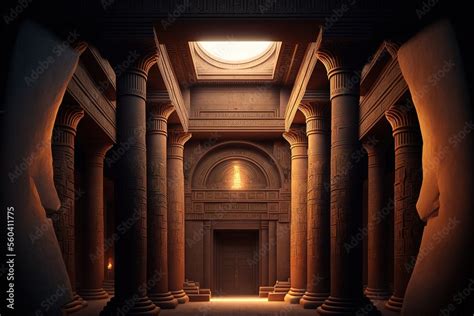 Ancient Egyptian Temple of Gods. An ancient temple with high columns, stairs, moonlight ...