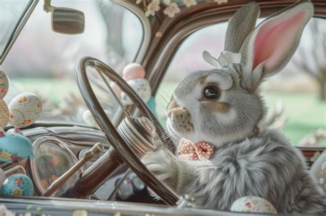 Premium Photo Cute Bunny Driving Vintage Car Full Of Easter Eggs