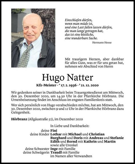 Todesanzeigen Von Hugo Natter Todesanzeigen Vorarlberger Nachrichten