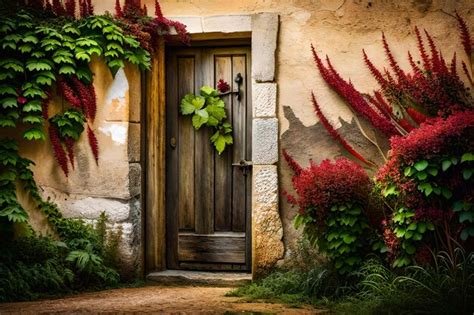 Premium Photo | A door with a wreath on it is surrounded by flowers.