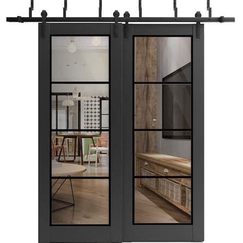 Sartodoors 84 In X 96 In 2 Panel Clear Glass Black Matte Solid Wood