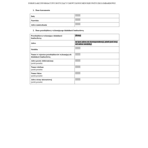 Formularz informacyjny dotyczący umowy konsumenckiej pożyczki lombardowej