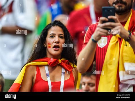 Moscow, Russia - July 1, 2018. Spanish fan girl during FIFA World Cup ...