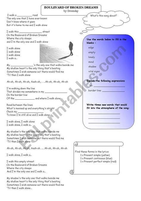 Song Worksheet Boulevard Of Broken Dreams By Greenday Esl Worksheet