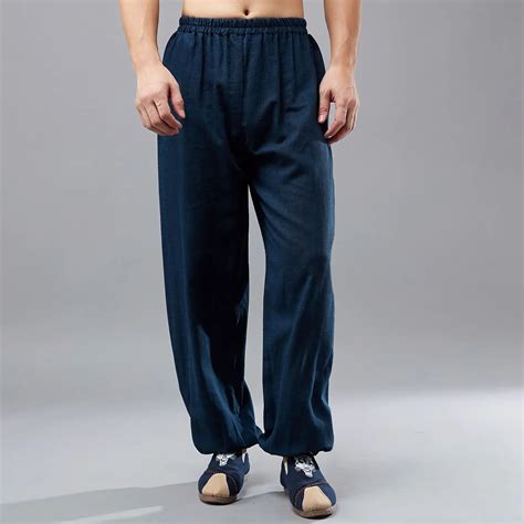 Male Casual Loose Elastic Waist Chinese Kung Fu Pants Costumes Mens