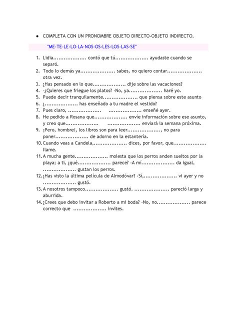 Pronombres De Objeto Directo Worksheet Answers