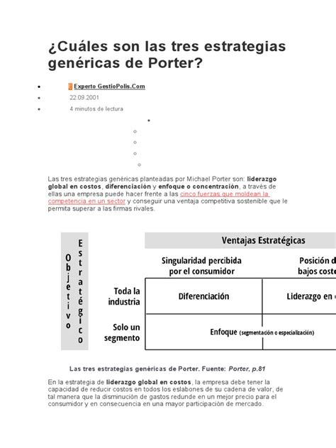 Cuáles Son Las Tres Estrategias Genéricas De Porter Pdf Cadena De