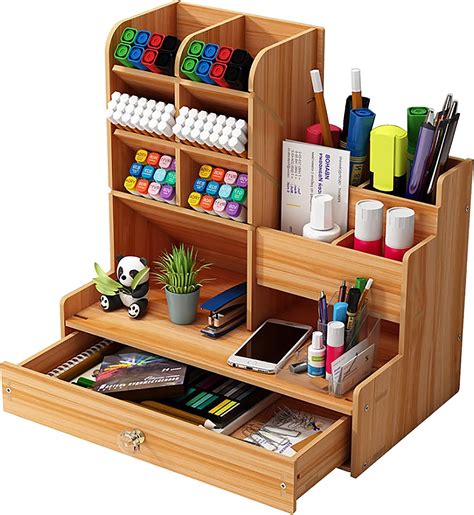 Wooden Desk Organizer With Drawer Diy Desktop Pen Organizer Stationery