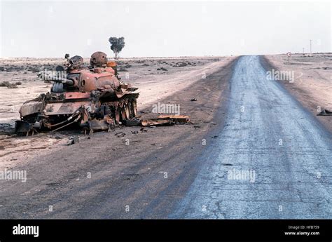 A Destroyed Iraqi T 55 Main Battle Tank Lies Abandoned Beside A Road At