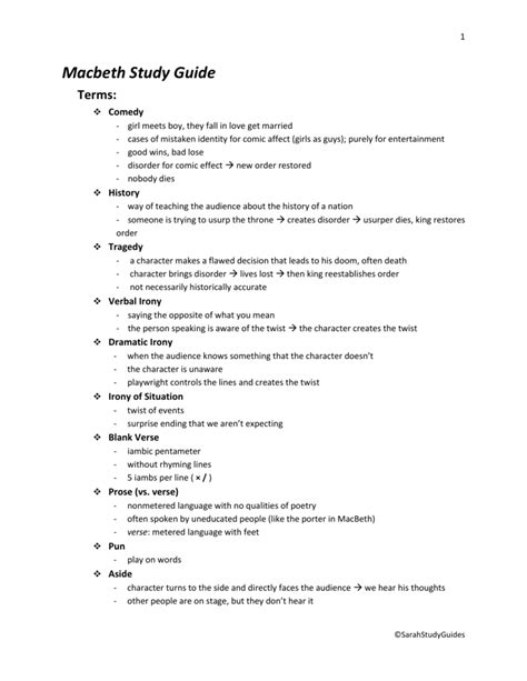 MacBeth Study Guide Doc Sarah Mahajan Study Guides