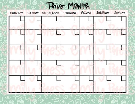 Green Monthly Calendar Printable Digital Download Etsy