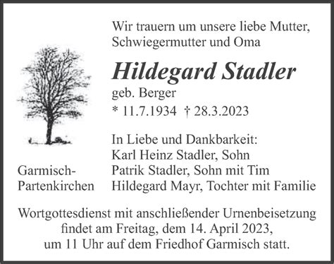 Traueranzeigen Von Hildegard Stadler Trauer Merkur De