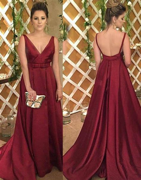 Modest Burgundy V Neck Satin Long Prom Dress Backless Evening Dress On