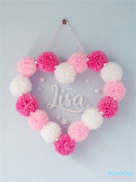 Pompom Heart Wall Hanging Nursery Name Sign For Girl Etsy