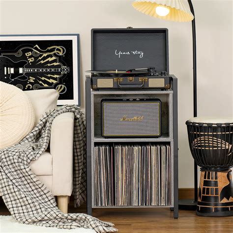 Lelelinky Record Player Stand Industrial 2 Tier Vinyl Record Storage Cabinet With Steel Frame