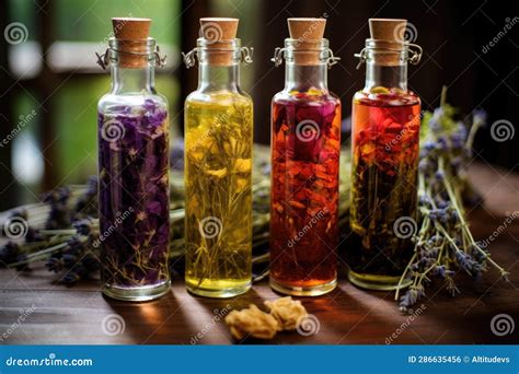 Herbal Infused Oil Bottles with Dried Herbs Stock Illustration ...